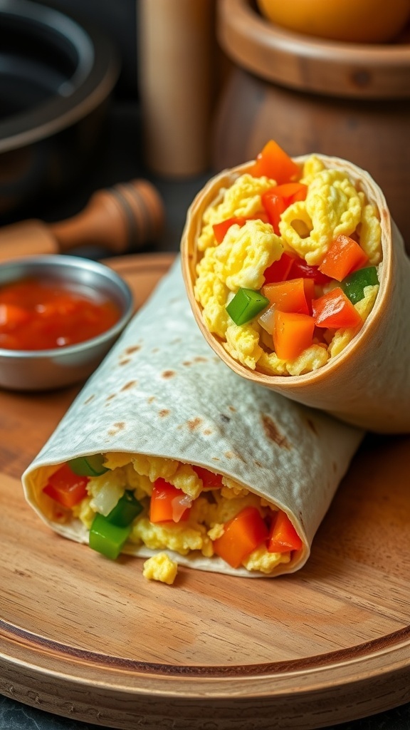 Savory Egg Wrap Recipe A savory egg wrap with scrambled eggs and vegetables, served with salsa on a wooden plate.